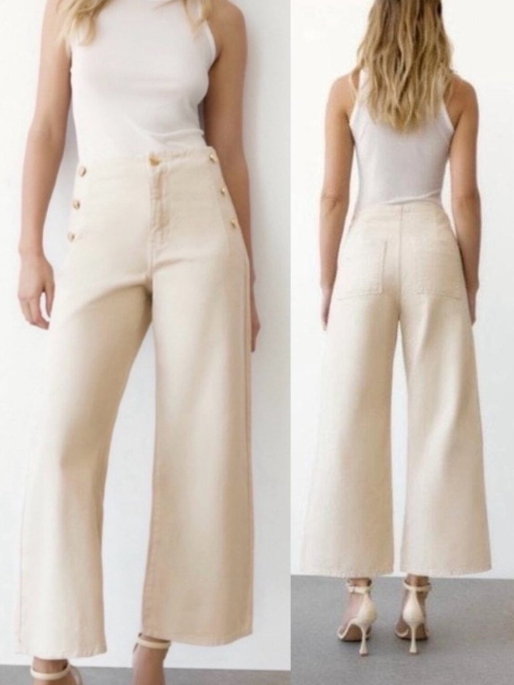 ZARA High-Waisted Wide Leg Sailor Pants with Gold Buttons Size 8 Cream Beige